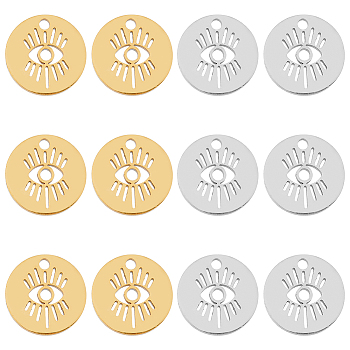 12Pcs 2 Style 304 Stainless Steel Charms, Flat Round with Eye, Golden & Stainless Steel Color, 11.5~12x0.5~1mm, Hole: 1.4~1.5mm, 6pcs/style