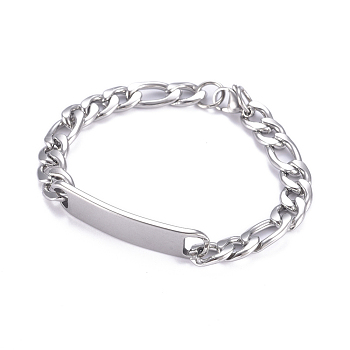 304 Stainless Steel Figaro Chain ID Bracelets, with Lobster Claw Clasps, Stainless Steel Color, 9 inch(23cm)