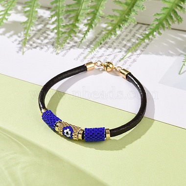 Japanese Seed Column with Evil Eye Beaded Bracelet with Cowhide Cords for Women(BJEW-JB09078-01)-2
