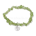 Natural Peridot Stretch Bracelets, with 304 Stainless Steel Pendants, Flat Round with Virgo Sign, Inner Diameter: 1-7/8~2 inch(4.9~5.2cm)(BJEW-JB11147-06)