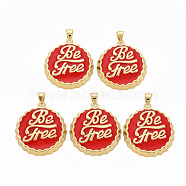 Brass Enamel Pendants, Cadmium Free & Nickel Free & Lead Free, Real 16K Gold Plated, Bottle Cap with Word Be Free, Red, 27x25x4.5mm, Hole: 4.5x3.5mm(ENAM-S128-002L-NR)