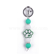 Round & Dog Paw Print Silicone Beaded Keychain, with Iron Findings, for Car Backpack Pendant Accessories, Turquoise, 11.5cm(PW-WG52716-04)