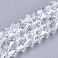 Electroplate Glass Beads Strands, Pearl Luster Plated, Faceted, Bicone, Clear, 6x5.5~6mm, Hole: 1mm, about 44~47pcs/strand, 11.02 inch(EGLA-Q118-6mm-A15)