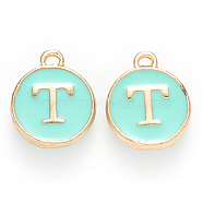 Golden Plated Alloy Enamel Charms, Cadmium Free & Lead Free, Enamelled Sequins, Flat Round with Letter, Turquoise, Letter.T, 14x12x2mm, Hole: 1.5mm(X-ENAM-S118-05T)