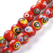 Handmade Lampwork Beads Strands, Round with Flower Pattern, Red, 12mm, Hole: 1.8mm, about 33pcs/Strand, 14.76''(37.5cm)(LAMP-M003-13B)
