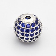 CZ Brass Micro Pave Grade AAA Blue Color Cubic Zirconia Round Beads, Cadmium Free & Nickel Free & Lead Free, Real Platinum Plated, 8mm, Hole: 1.7mm(KK-O065-8mm-03P-NR)