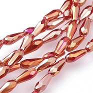 Electroplated Opaque Glass Beads Strands, Full Rainbow Plated, Faceted, Teardrop, Red, 9~10x4mm, Hole: 0.8mm, about 70~72pcs/strand, 25.98 inch~27.95 inch(66~71cm)(EGLA-L015-FR-B07)