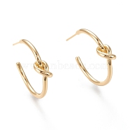 Brass Half Hoop Earrings, Stud Earring, Long-Lasting Plated, Ring with Knot, Real 18K Gold Plated, 25x30x2~6mm, Pin: 0.7mm(EJEW-F255-04G)