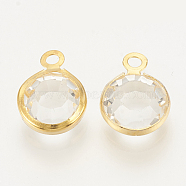 Glass Charms, with 304 Stainless Steel Finding, Flat Round, Faceted, Golden, Clear, 12x8.5x4mm, Hole: 1.5mm(GLAA-S171-001K)