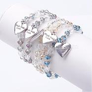 Heart Charm Bracelets, with Iron, Faceted Glass Beads and Alloy Pendants, Mixed Color, 2-1/8 inch(53mm)(BJEW-JB03176)