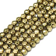 Electroplate Non-magnetic Synthetic Hematite Beads Strands, Round, Faceted, Real 18K Gold Plated, 3mm, Hole: 0.8mm, about 120pcs/Strand, 15.75 inch(40cm)(G-S352-44A-01)