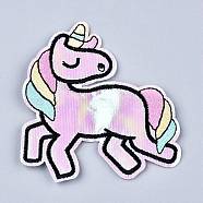 Computerized Embroidery Cloth Iron on/Sew on Patches, Costume Accessories, Appliques, Unicorn, Pink, 92x86x1mm(DIY-M006-22)