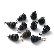 Natural Moss Agate Pendants, with Brass Loops and Snap on Bails, Long-Lasting Plated, Platinum, Gourd/Calabash, 16.5~17x12mm, Hole: 4x4mm(G-G846-01G)