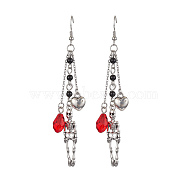 Alloy Skull & Heart & Glass Teardrop Dangle Earrings with Brass Pins for Women, Skull, 95mm(EJEW-JE05391)