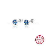 Rhodium Plated Platinum 925 Sterling Silver Flower Stud Earrings, with Cubic Zirconia, Dodger Blue, 5mm(TL5591-7)