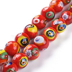 Handmade Lampwork Beads Strands, Round with Flower Pattern, Red, 12mm, Hole: 1.8mm, about 33pcs/Strand, 14.76''(37.5cm)(LAMP-M003-13B)