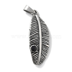 Retro 304 Stainless Steel Enamel Pendants, Feather Charms, Antique Silver, 38x14x4mm, Hole: 6x3.5mm(STAS-Z098-28AS)