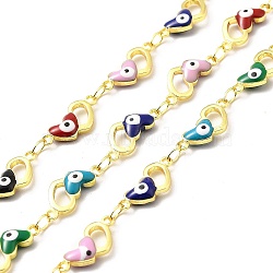 Handmade Eco-friendly Brass Enamel Heart with Evil Eye Link Chain, Real 18K Gold Plated, Lead Free & Cadmium Free, Soldered, with Spool, Colorful, 14x6.5x3mm(CHC-I045-11G)