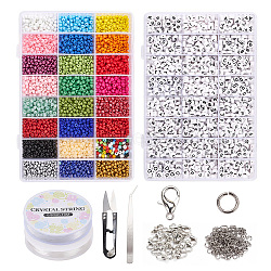 DIY Jewelry Set Kits, with Elastic Crystal Thread, Acrylic Letter Beads and Glass Seed Beads, Zinc Alloy Lobster Claw Clasps, Beading Tweezers and Sharp Steel Scissors, Mixed Color, 190x130x36mm(DIY-JQ0001-02)