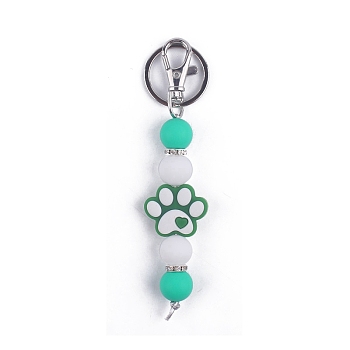 Round & Dog Paw Print Silicone Beaded Keychain, with Iron Findings, for Car Backpack Pendant Accessories, Turquoise, 22cm