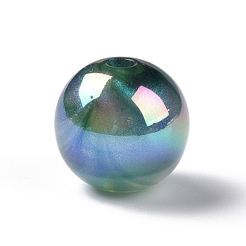 UV Plating Rainbow Iridescent Acrylic Beads, with Glitter Powder, Round, Teal, 12.5~13mm, Hole: 2.5mm