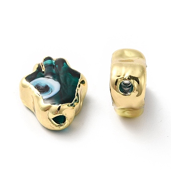 Handmade Evil Eye Lampwork Beads, with Golden Plated  Brass Edge, Long-Lasting Plated, Hamsa Hand, Dark Slate Gray, 15~17x11.5~12.5x5~5.5mm, Hole: 1.8mm