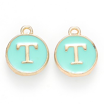 Golden Plated Alloy Enamel Charms, Cadmium Free & Lead Free, Enamelled Sequins, Flat Round with Letter, Turquoise, Letter.T, 14x12x2mm, Hole: 1.5mm
