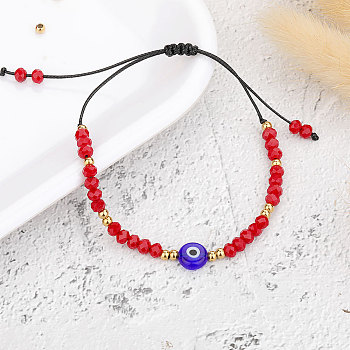 Adjustable Glass Evil Eye Brided Bead Bracelet, Red, 