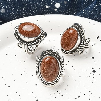 Synthetic Goldstone Adjustable Rings, Lead Free & Cadmium Free, Antique Silver Plated Brass Finger Rings for Women, Oval, 27mm, Inner Diameter: 17mm