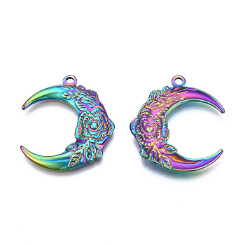 Ion Plating(IP) 201 Stainless Steel Pendants, Moon with Flower, Rainbow Color, 30x26.5x3mm, Hole: 2mm
