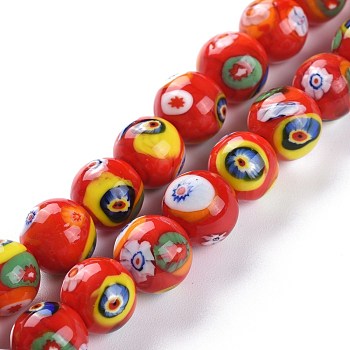 Handmade Lampwork Beads Strands, Round with Flower Pattern, Red, 12mm, Hole: 1.8mm, about 33pcs/Strand, 14.76''(37.5cm)