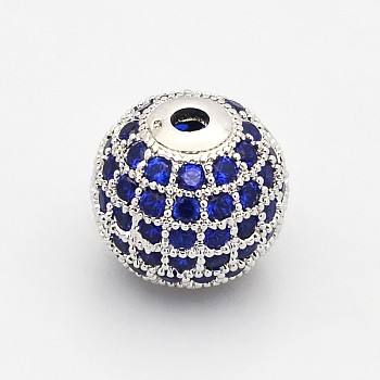 CZ Brass Micro Pave Grade AAA Blue Color Cubic Zirconia Round Beads, Cadmium Free & Nickel Free & Lead Free, Real Platinum Plated, 8mm, Hole: 1.7mm