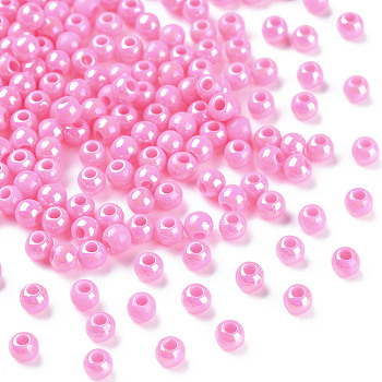 Opaque Acrylic Beads, AB Color, Round, Hot Pink, 4x3.5mm, Hole: 1.6mm, about 15000pcs/500g