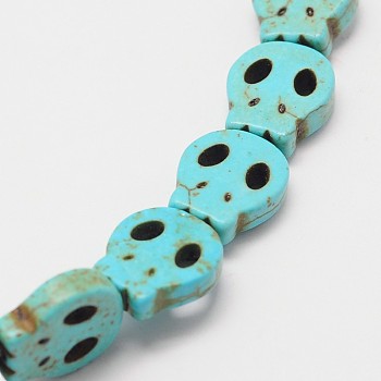 Skull Synthetic Turquoise Beads Strands, Dyed, Turquoise, 28x25x4mm, Hole: 1mm, about 14pcs/strand, 15.7 inch