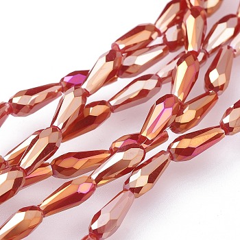 Electroplated Opaque Glass Beads Strands, Full Rainbow Plated, Faceted, Teardrop, Red, 9~10x4mm, Hole: 0.8mm, about 70~72pcs/strand, 25.98 inch~27.95 inch(66~71cm)