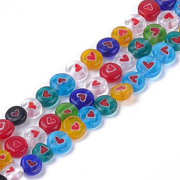 Handmade Lampwork Beads Strands, Flat Round with Heart, Mixed Color, 6~6.5x2.5mm, Hole: 1mm, about 64pcs/strand, 14.3 inch