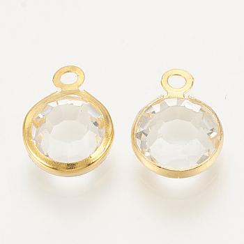 Glass Charms, with 304 Stainless Steel Finding, Flat Round, Faceted, Golden, Clear, 12x8.5x4mm, Hole: 1.5mm
