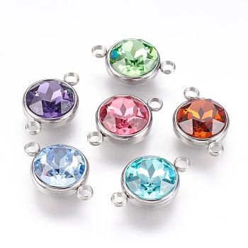 K9 Glass Rhinestone Links connectors, with 304 Stainless Steel Findings, Flat Round, Mixed Color, 14x21.5x9mm, Hole: 2.5mm