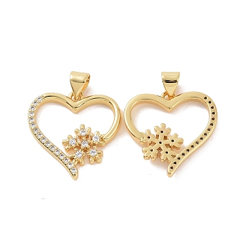Brass Micro Pave Cubic Zirconia Pendants, Hollow Heart with Snowflake Charm, Golden, 24x20x2.5mm, Hole: 5x3mm
