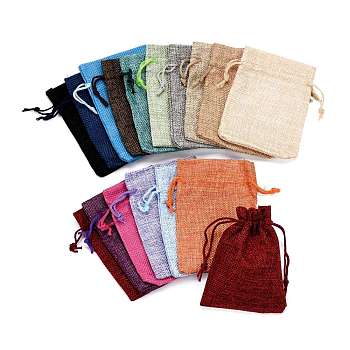 Polyester Imitation Burlap Packing Pouches Drawstring Bags, for Christmas, Wedding Party and DIY Craft Packing, Mixed Color, 12x9cm