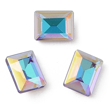 Glass Rhinestone Cabochons, Flat Back & Back Plated, Faceted, Rectangle, Bermuda Blue, 8x6x3.7mm