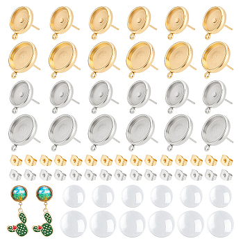 DIY Blank Dome Earring Making Finding Kits, Including 304 Stainless Steel Stud Earring Settings & Ear Nuts, Glass Cabochons, Flat Round, Golden & Stainless Steel Color, 104Pcs/box