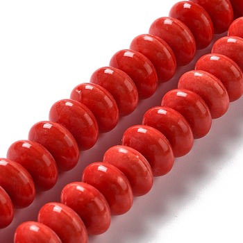 Handmade Pearlized Porcelain Beads, Flat Round, Red, 12x7mm, Hole: 1.6mm, about 45pcs/strand, 12.40''(31.5cm)
