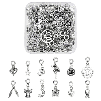 Tibetan Style Alloy Large Hole European Dangle Charms & Alloy European Dangle Charms, Large Hole Pendants, Antique Silver, 12 patterns, 6pcs/pattern, 72pcs/box