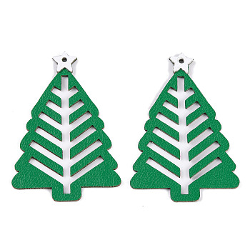 PU Leather Pendants, Christmas Tree, Sea Green, 54x38x1mm, Hole: 2mm