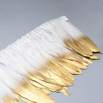 Golden Plated Goose Feather Cloth Strand Costume Accessories, Dyed, White, 150~180x4mm, about 2m/bag