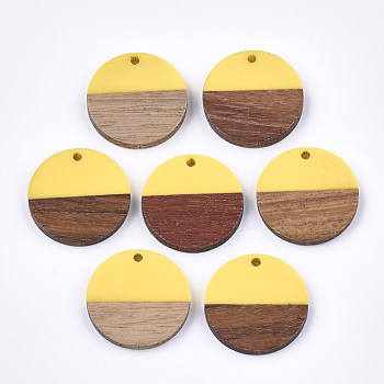 Resin & Walnut Wood Pendants, Flat Round, Yellow, 24.5~25x2.5~4.5mm, Hole: 2mm