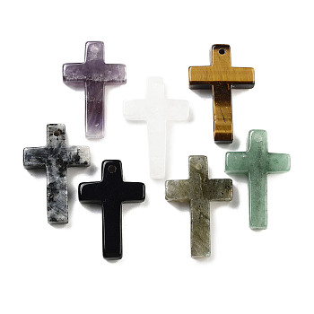 Natural Mixed Stone Pendants, Cross Charms, 30.5x20x6mm, Hole: 1.4mm