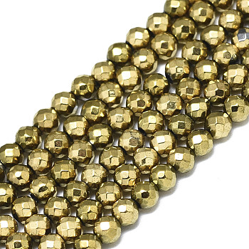 Electroplate Non-magnetic Synthetic Hematite Beads Strands, Round, Faceted, Real 18K Gold Plated, 3mm, Hole: 0.8mm, about 120pcs/Strand, 15.75 inch(40cm)