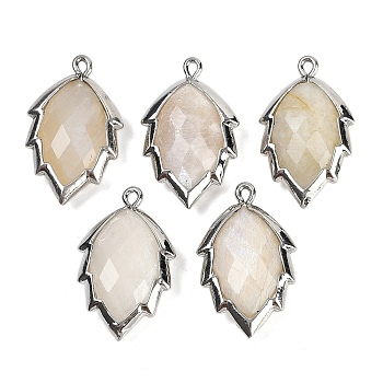 Natural Moonstone Faceted Leaf Pendants, Rack Plating Brass Charms, Platinum, 23x13.5x5.5mm, Hole: 1.2mm